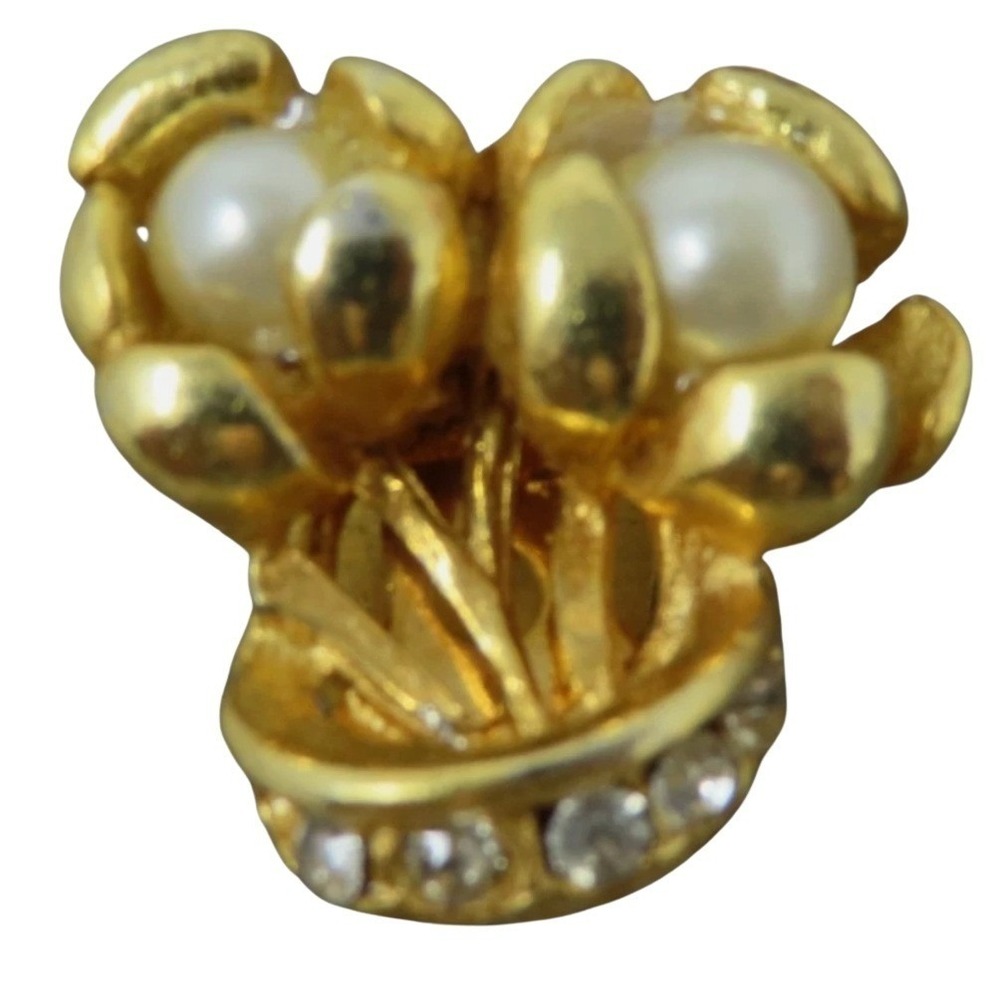 Vintage Ardor Of Paris Faux‎ Pearl Rhinestone Goldtone Dress Clip Pin Brooch
